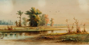 Störche in Marschlandschaft, Gouache Romantik Landschaft Unbekannt (19.Jhd) - Bild 1 von 5
