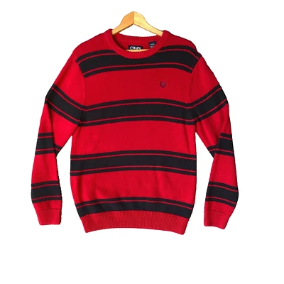 Chaps Sweater Mens S Small Red Black Striped Logo Crewneck Dadcore Grandpa Y2K - Image 1 of 4