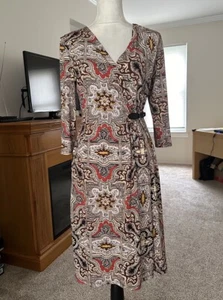 Charter Club Career Dress Multi Equestrian Print Size S Faux Wrap Leather - Picture 1 of 11