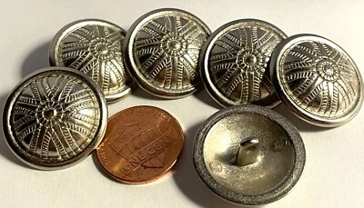 6 Domed Etched Silver Tone Metal Shank Buttons 7/8" 22.5mm 12805 - Image 1 of 3