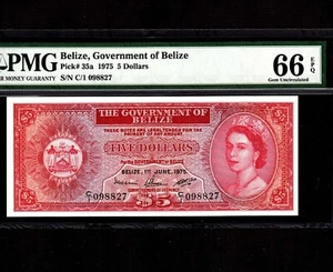 Belize 5 Dollars 1975 P-35a * PMG Gem Unc 66 EPQ * Queen Elizabeth * - Picture 1 of 2