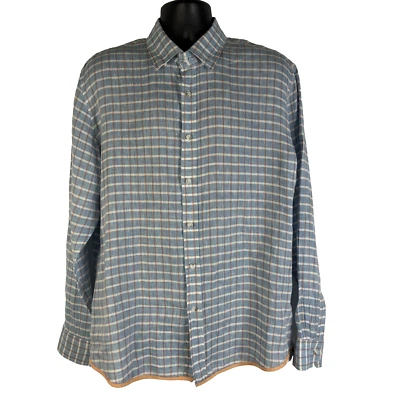 Report Collection Men's Button Up Blue Plaid Lg Collared Long Sleeve Linen Shirt - Image 1 of 4