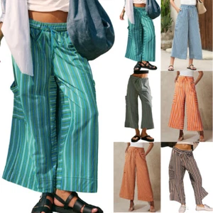 Holiday Casual Summer Cropped Ladies Stripe Cream Linen Relaxed Size 6 Trousers - Picture 1 of 16