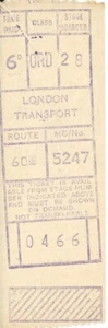 LONDON TRANSPORT LONG GIBSON BUS TICKET M/C 5247 1955 CLAY HALL ROUTE 60 REF919 - Bild 1 von 2