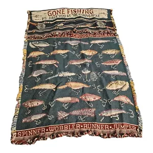 Vintage Gone Fishing Woven Tapestry Wall Hanging Art Fish - Picture 1 of 2