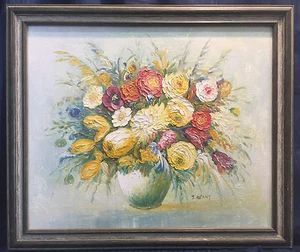 VINTAGE ARTIST SIGNED OIL PAINTING FLORAL FLOWERS BOUQUET VASE - Picture 1 of 8