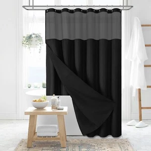 Fabric Shower Curtain with Snap in Liner Black Waffle Hotel Shower Curtains f... - Picture 1 of 7