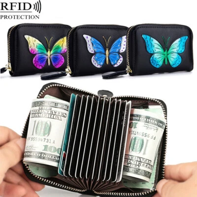 Cartera sin asas de cuero genuino para mujer con bloqueo de RFID porta tarjetas de identificación con cremallera Foto 1 de 4