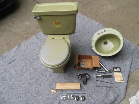 Vintage MCM Mid Century Toilet Sink Set Avocado Green 1960s Retro Atomic Cover