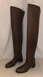 38/US8❤️ PRADA Over-The-Knee Thigh High Brown Leather Biker Low Heel Boots ITALY - Picture 1 of 13