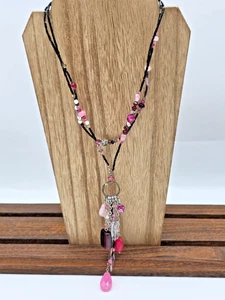 Chico’s 2-Strand Beaded Y Necklace Black White Silver Gray Pink Crystals Tassel - Picture 1 of 9