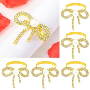 Juego de 6 servilleteros con arco de Navidad - Soporte para servilletas con arco de perlas de diamantes de imitación dorados... - Imagen 1 de 7