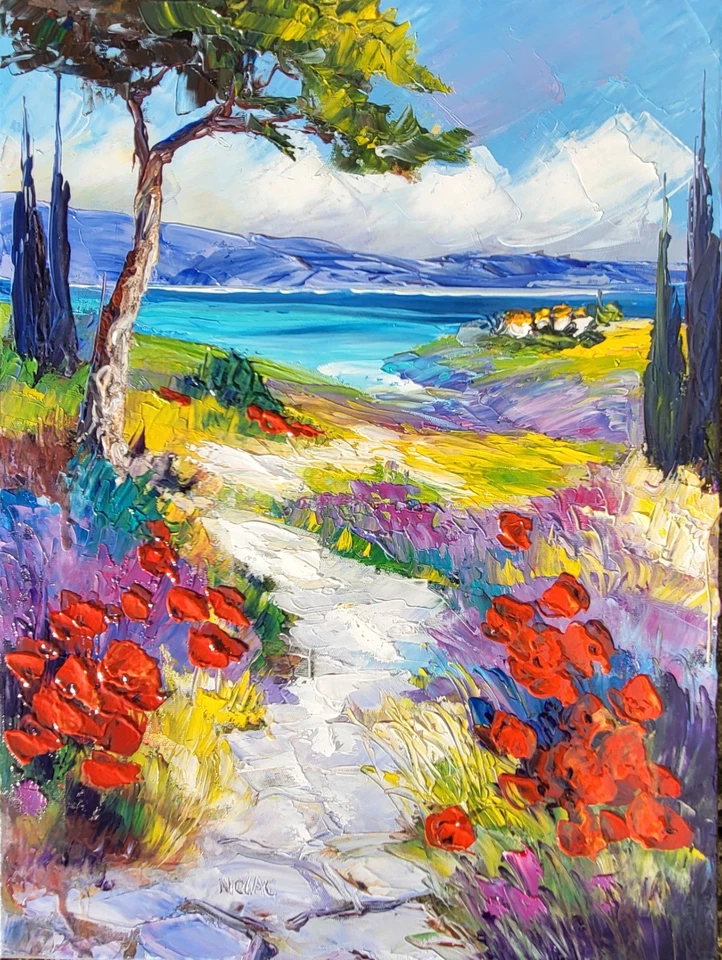 NOLAC "Sentier pavé entre Marseille et Cassis" 40x30 Calanques et Coquelicots - Photo 1/4