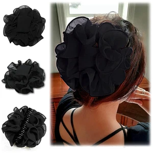 Fiocco per capelli fermaglio artiglio chiffon grande | nastro tessuto nero taglia grande fiore rosa |  - Foto 1 di 12