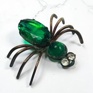 Antike Spinnenbrosche grüner Glas Cabochon & Strass - Anfang 1900 - Bild 1 von 9