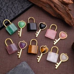 1 Set Natural Crystal Couple Lock Pendant Set Heart Shaped Key Pendan Necklace - Picture 1 of 27