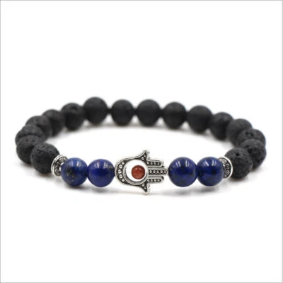 Pulseiras unissex da sorte Hamsa Hand of Fatima pedra de lava natural contas de prata dourada - Imagem 1 de 4