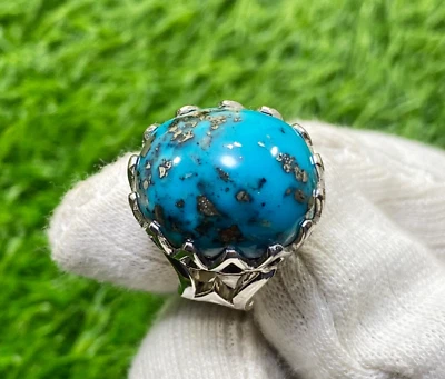 Mens Neshapuri Hussani Shajri Feroza Stone Ring Natural Big Turquoise Stone Ring - Image 1 of 4