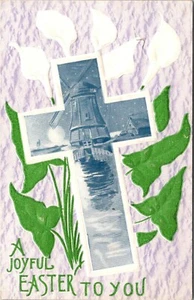 A Joyful Easter to You Embossed Cross Lilies Postcard - Picture 1 of 2