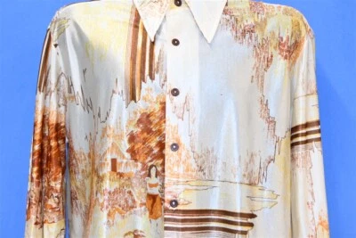 Винтажная футболка 70-х СЦЕНА III DA VINCI ЖЕНЩИНА ДЕРЕВНЯ НЕЙЛОН БОЛЬШОЙ ВОРОТНИК ДИСКО XL - Изображение 1 из 4