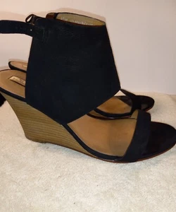Halogen Black Suede Leather Wedge Sandals Ankle Strap Worn Once SIZE 10M EUC - Picture 1 of 6