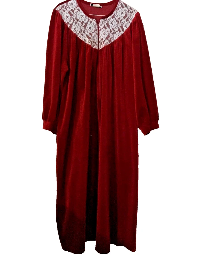 Vintage Anne Leslie Plus Robe Red Full Length Velour House Coat 1/2 Zip Front - Image 1 of 4