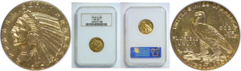 1910-D $5 Gold Coin NGC MS-63 Cover