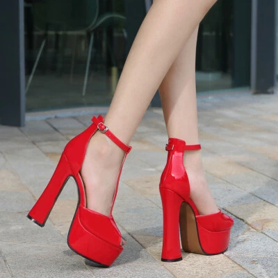 Peep Toe T-Strap Block Heels Punk D'orsay Mens Drag Queen LGBT Women Shoes 35-46 - Image 1 of 4