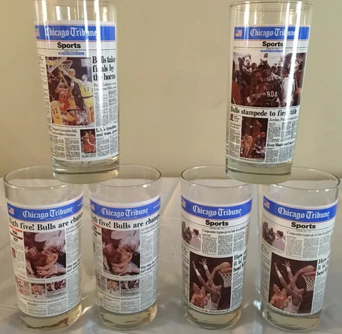 Vintage 1991 Six (6) Chicago Bulls/Tribune NBA Drinking Glasses ~6 1/4" Tall Cover