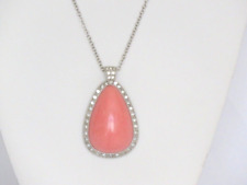 Vintage  1970's Avon Faux Coral Pink TearDrop Rhinestone Pendant Necklace Chain
