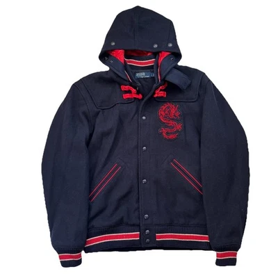 Polo Ralph Lauren x CLOT Navy Wool Blend Hooded Patch Varsity Jacket L Dragon - Image 1 of 4