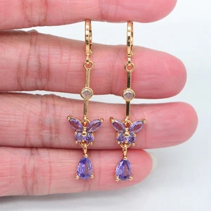 18K Yellow Gold Filled Women Purple Mystic Topaz Long Butterfly Drop Earrings - Picture 1 of 4