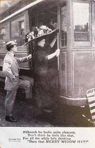c.1908 Woman Boarding Train with ‘Merry Widow’ Hat So Wide, She Can’t get in - Picture 1 of 2