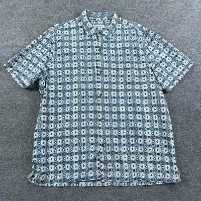 Tommy Bahama Shirt Mens XL Blue Green 100% Silk Camp Aloha Geometric Print - Image 1 of 4