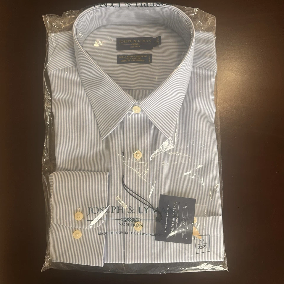 Camisa de Vestir Joseph & Lyman 17 32/33 Azul Blanco Rayas Algodón Sin Planchar Nueva con Etiquetas Foto 1 de 4