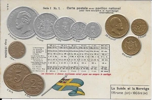 LA SUÈDE et la NORWÈGE Embossed Vintage Coin and Flag Postcard unused - Picture 1 of 2