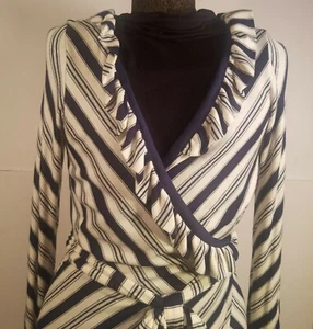 Eva Franco Talla 6 Borde con Volantes Tejido Vestido Envolvente Azul Marino Plata Blanco Hecho en EE. UU. Nuevo Sin Etiquetas - Imagen 1 de 11