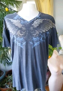 Affliction Los Angeles Black Distressed V Neck Tee 2XL Y2K - Picture 1 of 6