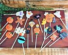 VTG Lot Halloween Polymer Clay Cake Cupcake Topper Stick Figurines Witch Cat Bat