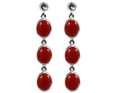 9ct White Gold Natural Red Coral Oval Triple Drop Dangling Stud Earrings British - Image 1 of 4
