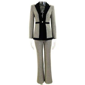 Women Luxury Sequin Suit Color Matching V-neck Longsleeve Jacket Wide Leg Pants - Picture 1 of 13