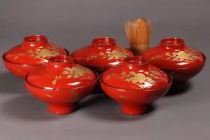 Japanese Red Lacquer Lidded Soup Bowl 3.43inch Set of 5 Gold Floral Motif Maki-e - Picture 1 of 20