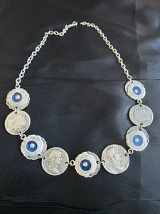 Roman Style Pewter Coin Necklace With Blue Enamel Boho Ethnic Statement Striking - Picture 1 of 5
