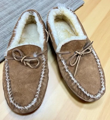 LL Bean Moccasins Mens Light Brown Suede Dyed Lambs Fur Slippers Size 11M - Image 1 of 4