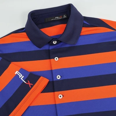 Мужская рубашка-поло RLX Ralph Lauren в полоску с коротким рукавом оранжевая синяя повседневная - Изображение 1 из 4