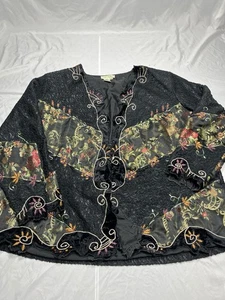 Ulla Popken Womens 20/22 Jacket Black Sheer Embroidered Velvet Trim Boho Art - Picture 1 of 15
