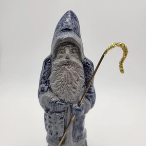 Rowe Pottery Works Santa Belsnickel blu smalto sale oro glitter staff 1995 - Foto 1 di 11