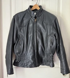 UNIK Black Leather Jacket Women’s XL Motorcycle Zip Out Liner Padded Heavy - Picture 1 of 12
