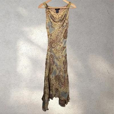 Vestido Floral De Colección Seda Con Cuentas Y2K Capucha Cuello Asimétrico Pañuelo Hada Talla 6 Foto 1 de 4