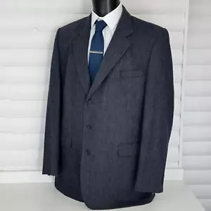 DAKS Navy Blue Herringbone Tweed Country Wear Blazer Sports Jacket 48L - Picture 1 of 10